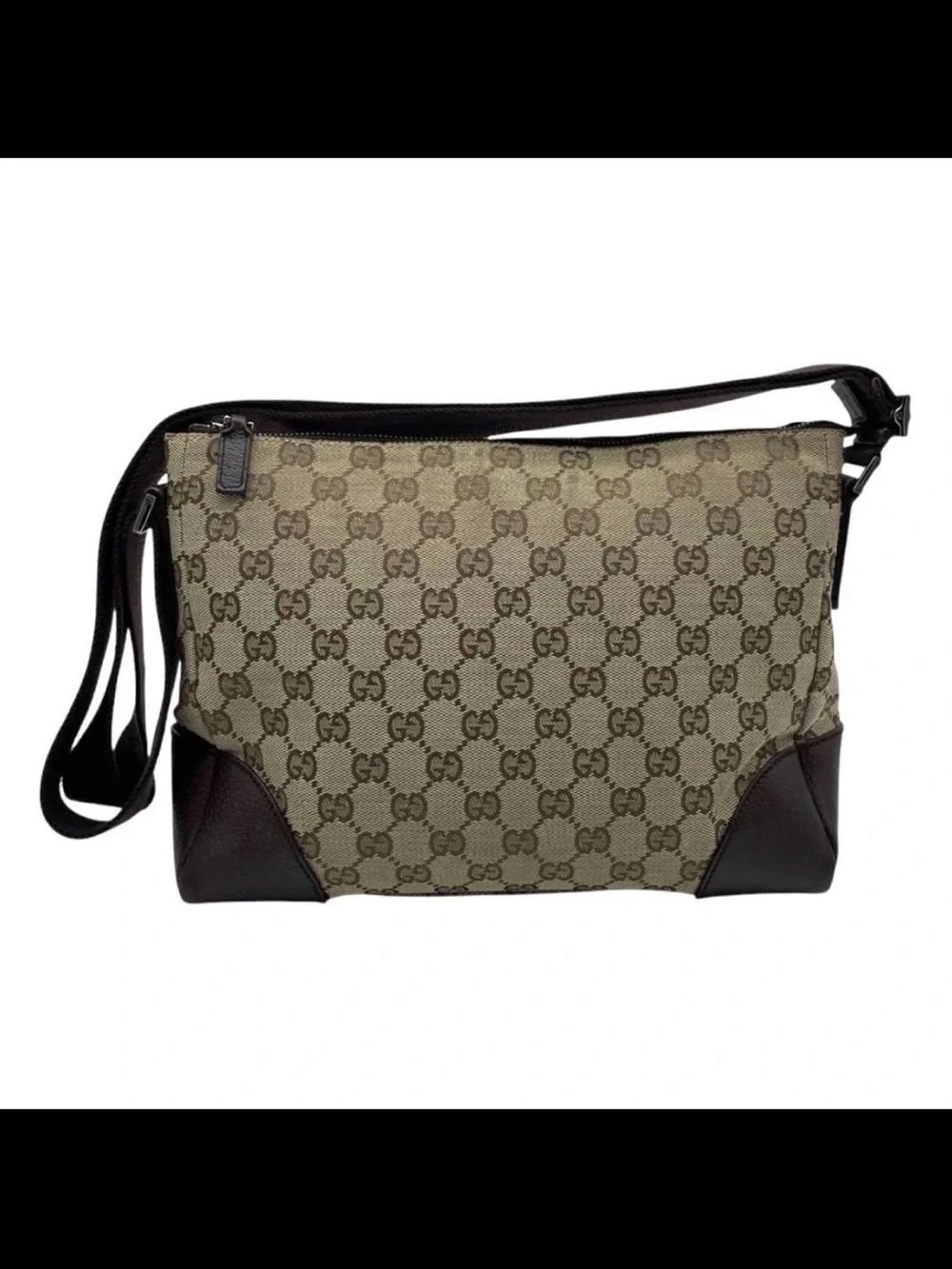 Gucci Beige Brown GG Canvas Messenger Bag with Dark Brown Trim